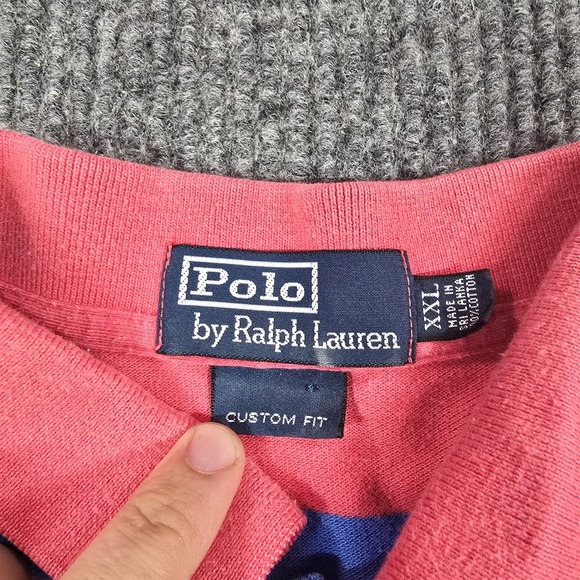 Polo Ralph Lauren Polo Shirt Mens 2XL Pink Blue‎ Stripe Custom Fit Cotton Y2K - Picture 3 of 7